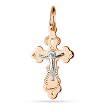 обзорное фото Крестик в комбинированном золоте с распятием 035794 Детский золотой крестик обзорное фото Крестик в комбинированном золоте с распятием 035794  Детский золотой крестик