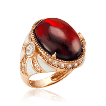 обзорное фото Женский золотой перстень с крупным гранатом, эмалью и фианитами 033852  Золотые кольца