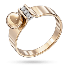 обзорное фото Золотое кольцо с маленьким шариком и фианитами в ряд в белых крапанах и плавных изгибах 040692  Золотые кольца с фианитом