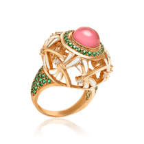 обзорное фото Эксклюзивное золотое кольцо массивное Стрекоза с улекситом и эмалью 033756  Золотые кольца