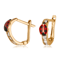 обзорное фото Золотые серьги Божья коровка с фианитами и эмалью 025755  Серьги с камнями