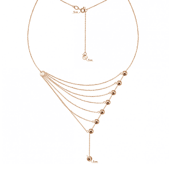 Золотое колье Каскадный водопад с несколькими уровнями из тонких цепочек украшенных шариками Золотое колье Каскадный водопад с несколькими уровнями из тонких цепочек украшенных шариками