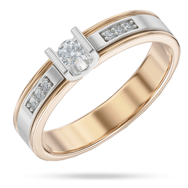 Кольцо с центральным бриллиантом закрепленным в стильной основе и дорожками по бокам 040499 детальное изображение ювелирного изделия Золотые кольца с бриллиантами