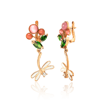 обзорное фото Массивные золотые серьги с улекситом, фианитами и эмалью Стрекоза 033761 Золотые серьги с эмалью обзорное фото Массивные золотые серьги с улекситом, фианитами и эмалью Стрекоза 033761  Золотые серьги с эмалью