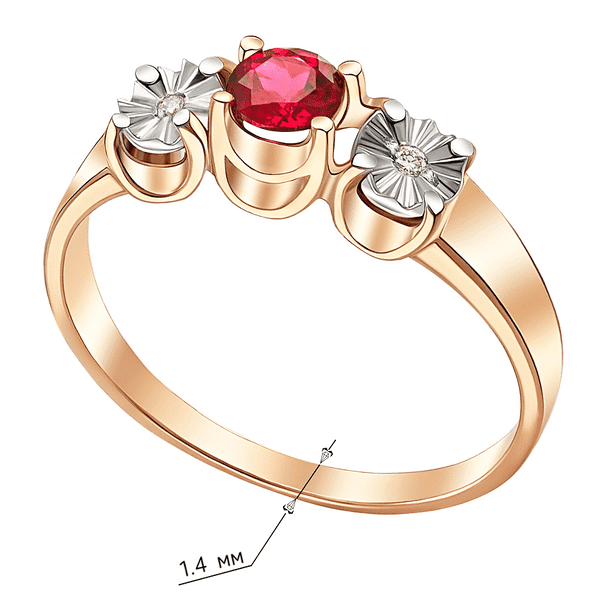 Золотое кольцо с центральным рубином и двумя цветочными элементами с бриллиантами внутри Золотое кольцо с центральным рубином и двумя цветочными элементами с бриллиантами внутри