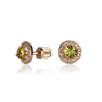обзорное фото Золотые серьги гвоздики с хризолитом и фианитами 029734  Золотые серьги с хризолитом