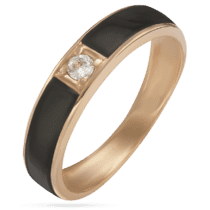 обзорное фото Золотое кольцо с черной эмалью и одним фианитом 028670  Обручальные кольца с цирконием