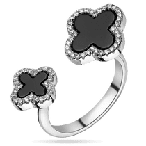 обзорное фото Серебряное кольцо с двумя клеверами из оникса и фианитов 039457 Серебряные кольца с фианитом обзорное фото Серебряное кольцо с двумя клеверами из оникса и фианитов 039457  Серебряные кольца с фианитом