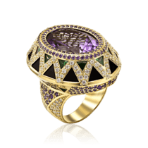 оглядове фото Ексклюзивний золотий жіночий перстень з аметистом, агатом і фіанітами 035045