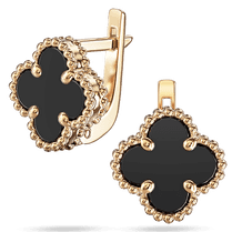 обзорное фото Серьги на английской застежке Клевер с черным агатом из красного золота 039919 Золотые серьги с агатом обзорное фото Серьги на английской застежке Клевер с черным агатом из красного золота 039919  Золотые серьги с агатом