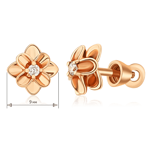 Золотые серьги пусеты цветок с бриллиантом Золотые серьги пусеты цветок с бриллиантом