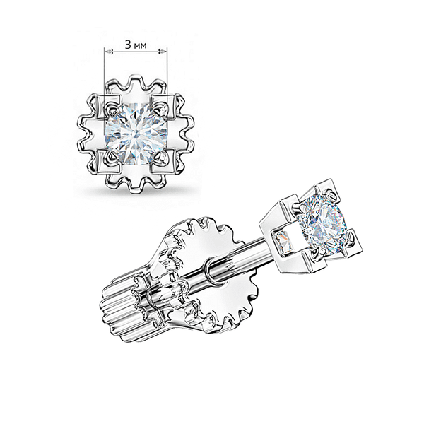 Изысканные серьги-пусеты в белом золоте 585 пробы с круглым бриллиантом (3 см) в массивных квадратных крапанах на застежке шестеренке купить