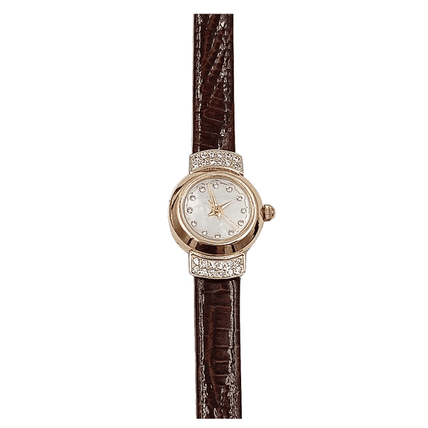 Ніжний та витончений жіночий золотий годинник з фіанітами та шкіряним ремінцем 039961 детальне зображення ювелірного виробу Ніжний та витончений жіночий золотий годинник з фіанітами та шкіряним ремінцем 039961 детальне зображення ювелірного виробу