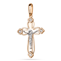 обзорное фото Комбинированный золотой подвес крестик с распятием и фианитами 585 проба 038243 Крестики женские обзорное фото Комбинированный золотой подвес крестик с распятием и фианитами 585 проба 038243  Крестики женские