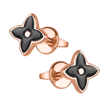 обзорное фото Золотые серьги с черной эмалью "Цветок четырехлистник" 037961 Золотые серьги пуссеты обзорное фото Золотые серьги с черной эмалью "Цветок четырехлистник" 037961  Золотые серьги пуссеты