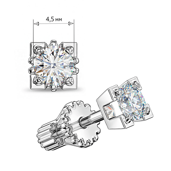 Изысканные серьги-пусеты в белом золоте 585 пробы с круглым бриллиантом (4,5 см) в массивных квадратных крапанах на застежке шестеренке купить Изысканные серьги-пусеты в белом золоте 585 пробы с круглым бриллиантом (4,5 см) в массивных квадратных крапанах на застежке шестеренке купить