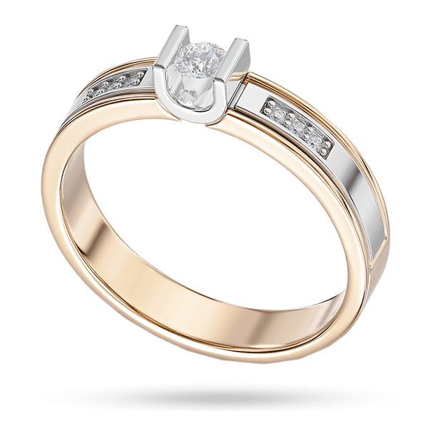 Кольцо с центральным бриллиантом закрепленным в стильной основе и дорожками бриллиантов по бокам из белого золота