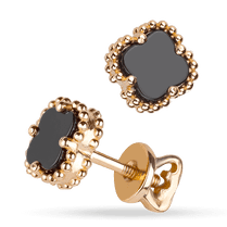 обзорное фото Серьги на закрутке с маленьким клевером с ониксом в красном золоте 039875  Золотые серьги с ониксом