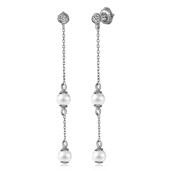 Длинные серебряные серьги с жемчугом и фианитами 031135 детальное изображение ювелирного изделия Серебряные серьги с камнями