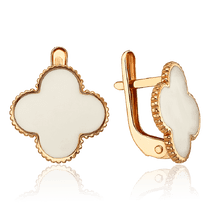 обзорное фото Золотые серьги Клевер с белой эмалью 036147 Золотые серьги обзорное фото Золотые серьги Клевер с белой эмалью 036147  Золотые серьги