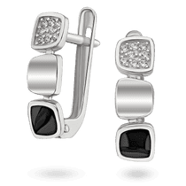 обзорное фото Серьги из белого золота "Квадраты" с россыпью фианитов и черной эмалью 040847  Золотые серьги с эмалью