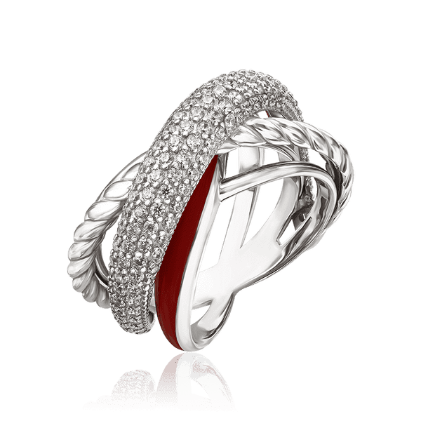 Серебряное кольцо с красной эмалью и фианитами 034819 детальное изображение ювелирного изделия Серебряные кольца Серебряное кольцо с красной эмалью и фианитами 034819 детальное изображение ювелирного изделия Серебряные кольца