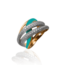 обзорное фото Золотое кольцо с голубой эмалью и фианитами 030813  Эксклюзивные кольца из золота