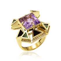 обзорное фото Кольцо дизайнерское из золота 585 пробы с аметистом, агатом и фианитами 035050  Золотые кольца с аметистом