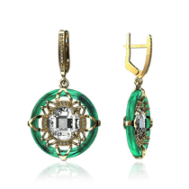 оглядове фото Золоті сережки з зеленим агатом і фіанітами 029043 оглядове фото Золоті сережки з зеленим агатом і фіанітами 029043