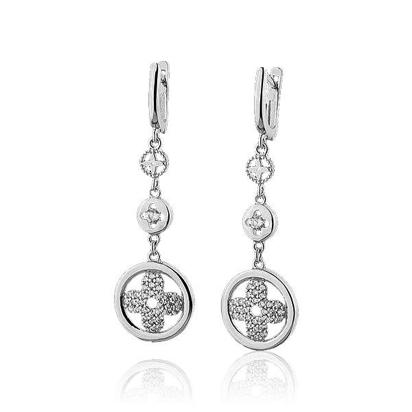 Золоті сережки в білому золоті "Клевір" з фіанітами 028418 детальне зображення ювелірного виробу Золоті сережки в білому золоті "Клевір" з фіанітами 028418 детальне зображення ювелірного виробу