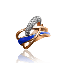 обзорное фото Золотое кольцо с фианитами и синей эмалью 030840 Эксклюзивные кольца из золота обзорное фото Золотое кольцо с фианитами и синей эмалью 030840  Эксклюзивные кольца из золота