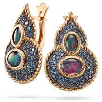 обзорное фото Роскошные золотые серьги с опалом и фианитами Кармен 034146 Золотые серьги с опалом обзорное фото Роскошные золотые серьги с опалом и фианитами Кармен 034146  Золотые серьги с опалом