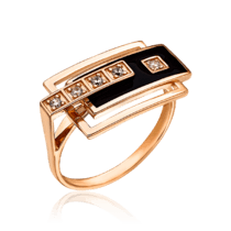 обзорное фото Кольцо золотое в геометрическом дизайне с черной эмалью и фианитами 033907  Золотые кольца