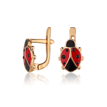 обзорное фото Золотые серьги с эмалью Божья коровка 027896 Серьги без камней обзорное фото Золотые серьги с эмалью Божья коровка 027896  Серьги без камней