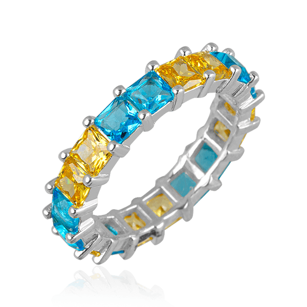 Серебряное кольцо дорожка с голубыми и желтыми фианитами квадратной формы "Украина" 037432 детальное изображение ювелирного изделия Серебряные кольца со вставками Серебряное кольцо дорожка с голубыми и желтыми фианитами квадратной формы "Украина" 037432 детальное изображение ювелирного изделия Серебряные кольца со вставками