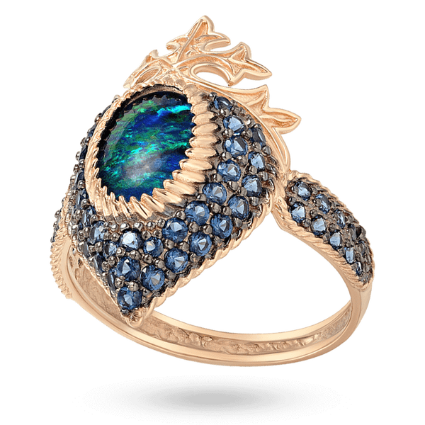 Золотое кольцо с листочками, зелено-синим опалом и синими нанокристаллами на черной основе 040787 детальное изображение ювелирного изделия Золотые кольца с нанокристалами Золотое кольцо с листочками, зелено-синим опалом и синими нанокристаллами на черной основе 040787 детальное изображение ювелирного изделия Золотые кольца с нанокристалами