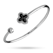 обзорное фото Серебряный жесткий браслет с эмалью "Клевер" инкрустированный большим и маленькими фианитами 040106  Серебряные женские браслеты