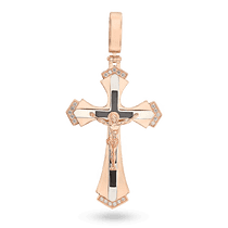 обзорное фото Золотой крестик с черной эмалью и фианитами Распятие 035107 Золотые подвески обзорное фото Золотой крестик с черной эмалью и фианитами Распятие 035107  Золотые подвески