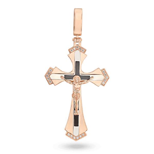 Золотий хрестик з чорною емаллю і фіанітами Розп'яття 035107 детальне зображення ювелірного виробу
