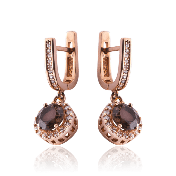 Сережки підвіски золоті з фіанітами і круглим раухтопазом 034591 детальне зображення ювелірного виробу Сережки підвіски золоті з фіанітами і круглим раухтопазом 034591 детальне зображення ювелірного виробу