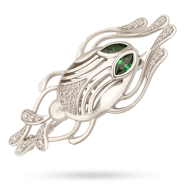 Серебряная брошь "Жук с зелеными глазами" частично задекорирована белыми фианитами 040614 детальное изображение ювелирного изделия Серебряные подвески со вставками
