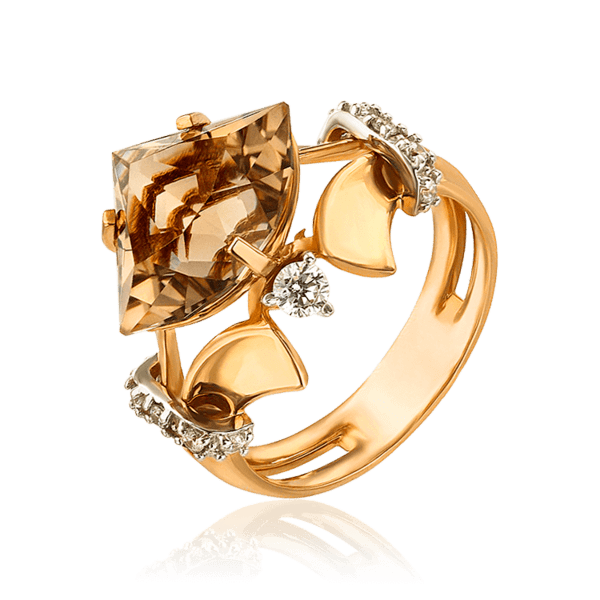 Золотое кольцо с дымчатым кварцем и фианитами Сальса 033955 детальное изображение ювелирного изделия Золотые кольца
