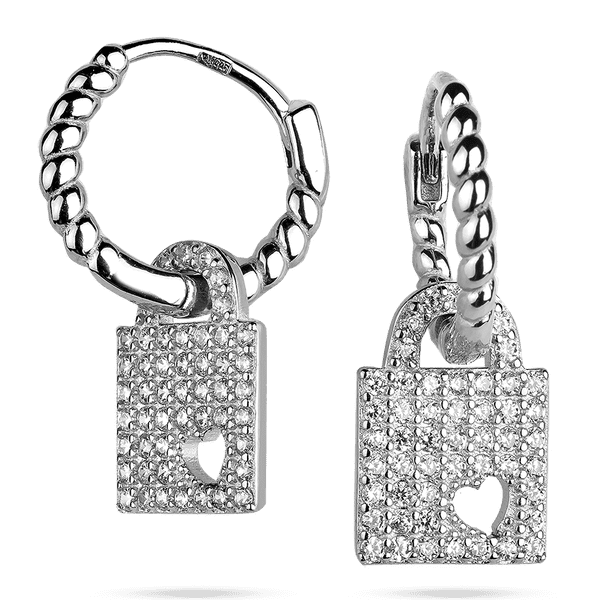 Серебряные серьги кольца на английской застежке Замок любви с фианитами 039580 детальное изображение ювелирного изделия Серебряные серьги с камнями