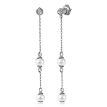 обзорное фото Длинные серебряные серьги с жемчугом и фианитами 031135  Серебряные серьги с камнями