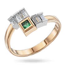 обзорное фото Комбинированное асимметричное кольцо с изумрудом и бриллиантами 041037  Золотые кольца с изумрудом