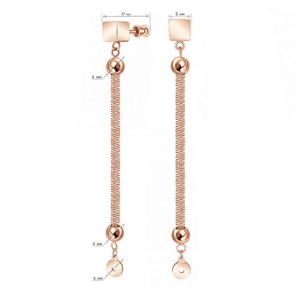 Золотые длинные пусеты Квадрат с тонкими цепочками декорированными шариками Золотые длинные пусеты Квадрат с тонкими цепочками декорированными шариками