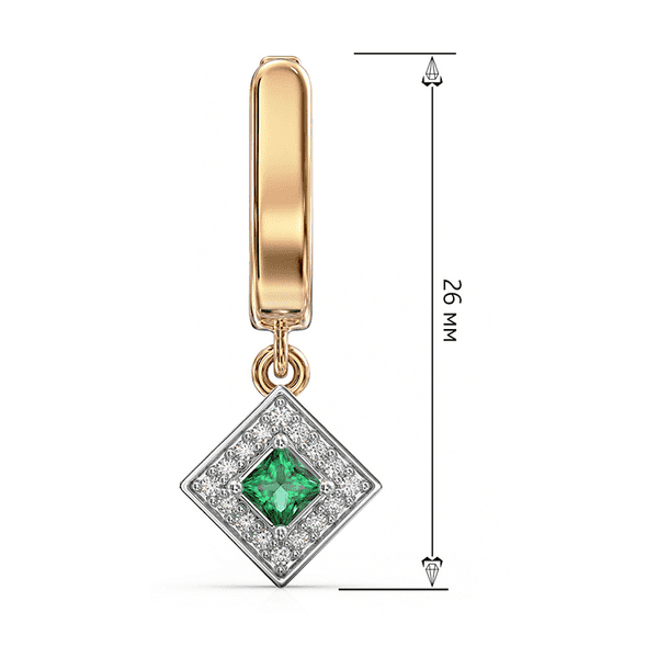 Комбинированные серьги-подвески с квадратной композицией с изумрудом огранки принцесса, окруженным бриллиантами Комбинированные серьги-подвески с квадратной композицией с изумрудом огранки принцесса, окруженным бриллиантами