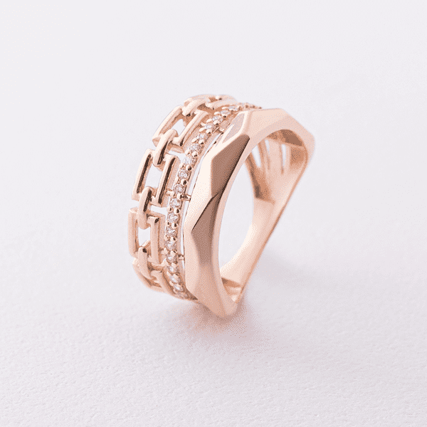 Золоте кольцо с цепочкой и дорожкой фианитов 