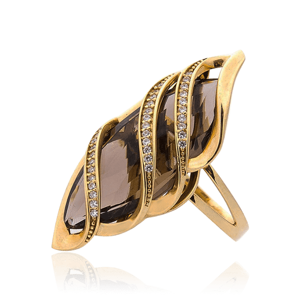 Золотое кольцо массивное з раухтопазом і фіанітами 034582 детальне зображення ювелірного виробу Золотое кольцо массивное з раухтопазом і фіанітами 034582 детальне зображення ювелірного виробу