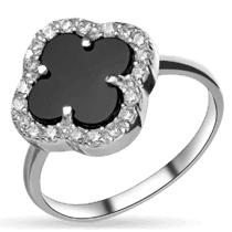 обзорное фото Серебряное кольцо "Клевер" с чёрным ониксом и фианитами 038101  Серебряные кольца со вставками